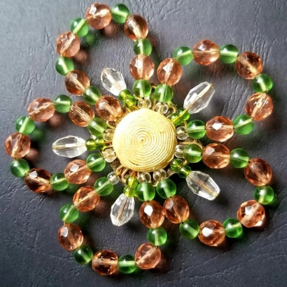 Vintage 1980s Ugo Correani Caramel & Green Beaded Glass Daisy Flower Brooch 3.5"